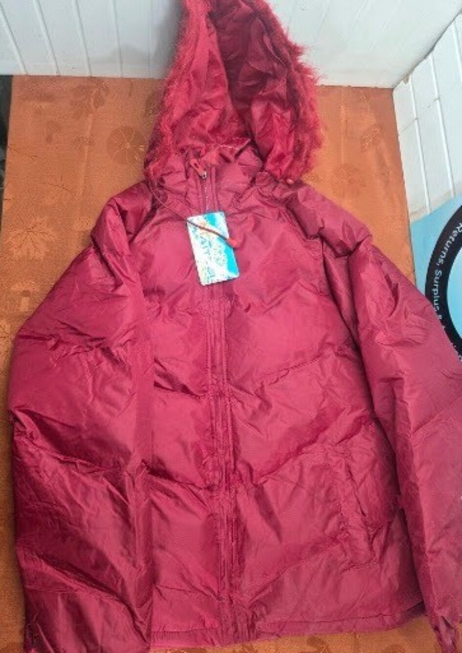 Women's Hooded Faux Fur Trim Puffer Jacket Burgundy Wine Red, M